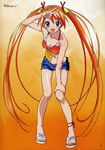 1girl :d absurdres arm_up bare_shoulders bell bikini blue_eyes breasts cleavage collarbone denim denim_shorts feet female front-tie_top full_body hair_ornament highres kagurazaka_asuna leaning_forward leg_grab legs long_hair mahou_sensei_negima! megami nail_polish official_art ohkaji_hiroyuki ookaji_hiroyuki open_fly open_mouth orange_hair pose sandals scan short_shorts shorts skinny small_breasts smile solo standing swimsuit swimsuit_under_clothes toes torn_clothes twintails unzipped v very_long_hair 
