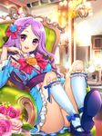  :d bad_id bad_pixiv_id chair dress flower furyou_michi_~gang_road~ hair_flower hair_ornament hat kneehighs knees_up long_hair looking_at_viewer mizuhara_akoya open_mouth purple_eyes purple_hair rose sitting smile solo sparkle watermark yeonwa 