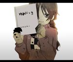  2004 bags_under_eyes braid brown_hair copyright_name covering_face dakkarubi dated diary grey_eyes holding letterboxed looking_at_viewer madotsuki smile solo sweater translated twin_braids yume_nikki 