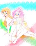  all_fours applejack bare_shoulders barefoot bikini blush fluttershy freckles green_eyes long_hair low-tied_long_hair multiple_girls my_little_pony my_little_pony_friendship_is_magic orange_hair personification pink_hair ponytail swimsuit tate-ya twintails 