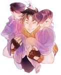  black_hair child chun_(moonlessgown) family fingerless_gloves gloves hair_pull hat higashikata_jousuke jojo_no_kimyou_na_bouken joseph_joestar_(young) kuujou_joutarou male_focus multiple_boys oversized_clothes pompadour purple_hair scarf teenage younger 