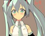  bad_id bad_pixiv_id blush character_name detached_sleeves green_eyes green_hair hatsune_miku headphones long_hair nahu necktie simple_background solo twintails vocaloid 