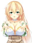  bad_id bad_pixiv_id blonde_hair blush bracelet braid breasts cleavage green_eyes hair_down highres jewelry large_breasts leafa long_hair outstretched_arms puffy_sleeves roberi solo sword_art_online twin_braids 