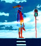  blood cloud colorful distortion full_body giba_ryan knife looking_back madotsuki sky solo stairs standing surreal traffic_light yume_nikki 