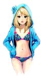  agu_(rodorigesu_moromoro) bikini blonde_hair blue_flower blue_rose brown_eyes flower hood hoodie karina_lyle long_hair rose solo swimsuit tiger_&amp;_bunny 