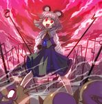  animal_ears cloud crazy_eyes dowsing_rod grey_hair highres jewelry mouse mouse_ears mouse_tail nazrin open_mouth pendant pointy_ears red_eyes red_sky shope short_hair skirt skirt_set sky solo sweatdrop tail touhou 
