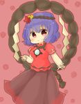  breasts dress hair_ornament iwari_(kerokeroboushi) leaf medium_breasts mirror purple_hair red_eyes rope shide shimenawa smile solo touhou yasaka_kanako 