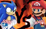  2boys blue_eyes cap capcom clenched_hand eye_contact facial_hair fire fist gloves green_eyes grin hat looking_at_another male male_focus mario mario_(series) multiple_boys mushroom mustache nintendo parody photoshop power-up rivals sega smile sonic sonic_the_hedgehog street_fighter street_fighter_iv style_parody super_mario_bros. super_mushroom super_smash_bros. suspenders vs 