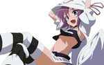  absurdres belt choker fang from_below green_eyes hat highres merry_nightmare midriff open_mouth purple_hair simple_background solo striped striped_legwear thighhighs vector_trace white_background yumekui_merry zettai_ryouiki 