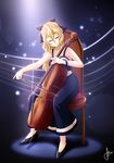  bare_shoulders blonde_hair bow cello closed_eyes dress formal hair_bow instrument katawa_shoujo light_particles long_hair music playing_instrument satou_lilly scott_bennett signature sitting smile solo 