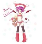  :d animal_hat annie_hastur aqua_eyes arms_behind_back bandeau bare_shoulders bat_wings black_legwear bloomers boots child choker christmas demon_tail fangs fire flat_chest flipped_hair fur_trim hat holding jewelry knee_boots league_of_legends looking_at_viewer merry_christmas midriff navel neko_baby open_mouth pendant polka_dot polka_dot_background purple_hair santa_costume santa_hat short_hair signature sketch smile standing stuffed_animal stuffed_toy tail thighhighs tibbers underwear wings 