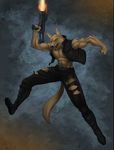  anthro belt biceps boots brown_fur canine clothing coyote fangs footwear fur gun jacket looking_at_viewer male mammal muscles open_mouth open_shirt orange_eyes pants pecs pose ranged_weapon shirt solo source_request standing submachine_gun tale teeth toned tongue torn_clothing unknown_artist vest warrior weapon 