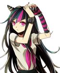  adjusting_hair arm_warmers bad_id bad_pixiv_id black_hair blue_hair bracelet danganronpa green_hair jewelry lip_piercing long_hair looking_up mioda_ibuki multicolored_hair nail_polish piercing pink_eyes pink_hair school_uniform serafuku solo striped super_danganronpa_2 veryberry00 