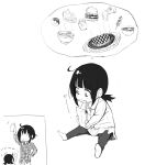  2girls bangs bowl burger cake collared_shirt commentary_request contemporary doughnut drooling duplicate eyebrows_visible_through_hair food greyscale highres holding izawa_koushi jacket komekko kono_subarashii_sekai_ni_shukufuku_wo! long_hair long_sleeves meat megumin monochrome multiple_girls no_shoes pants pixel-perfect_duplicate pizza plaid plaid_shirt ponytail saliva shiny shiny_hair shirt short_hair simple_background sitting translated white_background 