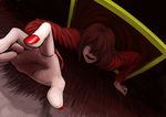  bad_id bad_pixiv_id brown_hair crawling dress fuki04 hair_over_one_eye ib lady_in_red_(ib) long_hair nail_polish open_mouth picture_frame red_eyes solo 