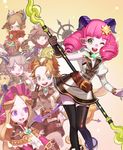  4girls alter_(ro2) brown_hair crecentia curly_hair demon demon_girl green_eyes horns laughing multiple_boys multiple_girls myung-jin_lee noel official_art one_eye_closed pink_hair ragnarok_online_2:_legend_of_the_second soul_maker staff tail thighhighs warrior weapon 