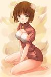  barefoot bell blush breasts brown_hair cleavage double_bun green_eyes highres medium_breasts original seiza short_hair sitting sketch smile solo yuni_(manyutin) 