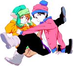  2boys beanie black_hair boots brown_eyes curly_hair earflap_hat hat hat_pompom kyle_broflovski lowres male male_focus multiple_boys red_hair short_hair sitting south_park stan_marsh 