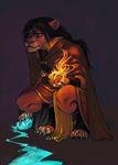  barefoot belt black_hair brown_fur brown_nose claws cloak clothed clothing eyebrows feline fire frown fur green_eyes hair harag ice kneeling lion looking_at_viewer magic male mammal pants plain_background 
