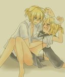  1girl arms_behind_head bare_legs barefoot bdsm black_skirt blonde_hair bondage bound bound_wrists bow breast_grab brother_and_sister closed_eyes crying evil_smile forced grabbing groping haine_koko hair_bow hair_ornament hairclip hand_under_clothes hetero imminent_rape incest kagamine_len kagamine_rin midriff open_clothes open_mouth open_shirt pleated_skirt restrained sailor_collar scared school_uniform shirt shirt_lift siblings skirt smile streaming_tears tears twincest twins undressing vocaloid 