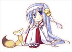  bell blue_eyes blue_hair blush chihaya_(clothing) copyright_request fox hachimaki headband japanese_clothes jingle_bell long_hair lowres miko ofuda sandals smile solo t-ray 
