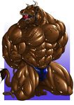  anthro ball_gag balls biceps big_muscles bound bovine brown_fur bulge cattle clothed clothing drooling echin facial_piercing fur gag half-dressed horn huge_muscles hyper_muscles kneeling male mammal muscles nose_piercing nose_ring pecs penis piercing pose ripped rope saliva solo speedo sweat swimsuit teeth thong topless underwear vein veins yellow_eyes 