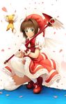  4b-enpitsu bad_id bad_pixiv_id blush bow brown_hair cardcaptor_sakura dress fuuin_no_tsue gloves green_eyes hat highres kero kinomoto_sakura magical_girl petals pink_hat short_hair smile squatting thighhighs twintails wand white_gloves white_legwear wings 