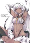  1girl absurdres altera_(fate) apron armpits arms_up bangs bare_shoulders barefoot bikini black_bikini_bottom black_legwear blunt_bangs breasts cleavage closed_mouth collar dark_skin expressionless fate/grand_order fate_(series) feet frilled_skirt frills green_background head_tilt headpiece highres kneehighs large_breasts layered_skirt long_hair looking_at_viewer midriff mismatched_bikini naturalton navel red_eyes revealing_clothes scan showgirl_skirt silver_hair simple_background skirt soles solo stomach swimsuit tattoo thong_bikini toes toned veil very_long_hair waist_apron white_bikini_top white_skirt 