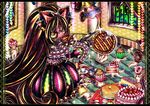  1girl abstract butter cake colorful cupcake donut doughnut dress eating food fruit knife long_hair looking_at_viewer looking_back ninomae original pancake pancakes pie plate pudding ribbon strawberry very_long_hair 