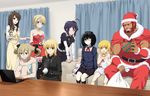  6+girls :t ahoge another apron artoria_pendragon_(all) bag bakemonogatari belt black_hair blonde_hair blue_eyes blue_hair blush blush_stickers braid brown_eyes brown_hair cat chopsticks chuunibyou_demo_koi_ga_shitai! commentary_request computer couch crossover darjeeling dark_skin detached_sleeves doughnut dress eating eyepatch fang fate/zero fate_(series) food food_on_face formal gift girls_und_panzer gloves green_eyes hair_ribbon hat iyakun k_(anime) koujiro_frau laptop lipstick long_hair makeup mikami_(another) misaki_mei monogatari_(series) multiple_crossover multiple_girls necktie neko_(k) official_style open_mouth oshino_shinobu pale_skin red_dress red_eyes red_hair ribbon rice rice_on_face rider_(fate/zero) robotics;notes saber santa_costume santa_hat short_hair smile strapless strapless_dress suit table takanashi_rikka thighhighs tied_hair twin_braids twintails yellow_eyes 