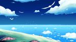  blue cliff cloud flower goonie highres hiroki_eiki mario_(series) mushroom no_humans ocean scenery sign super_mario_bros. super_mario_world_2:_yoshi's_island 