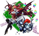  blue_skin boots breasts cleavage demon_tail dress fangs fishnets full_body gloves green_eyes halo hera_(p&amp;d) high_heels horns large_breasts metal_dragon_(p&amp;d) multicolored_hair puzzle_&amp;_dragons red_hair shoes smile tail thigh_boots thighhighs wings youichi 