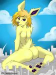  blonde_hair butt city cloud eeveelution female hair hindpaw jolteon kellyodom kneeling looking_at_viewer looking_back macro nintendo nude outside pawpads paws plantigrade pok&#233;mon pok&eacute;mon purple_eyes sky soles solo toes video_games 