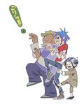  1girl 2boys a-ka antennae black_hair blue_hair denim empty_eyes gorillaz hat helmet jeans multiple_boys murdoc_niccals noodle_(gorillaz) pants parody russel_hobbs shirt simple_background stuart_pot t-shirt yotsubato! yotsubato!_pose 