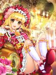  :d bad_id bad_pixiv_id blonde_hair candle chair dress flower furyou_michi_~gang_road~ hair_flower hair_ornament hat kneehighs knees_up long_hair looking_at_viewer mizuhara_akoya open_mouth rose sitting smile solo sparkle watermark yellow_eyes yeonwa 