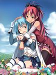  ;d bare_shoulders belt black_legwear blue_eyes blue_hair blush boots cape detached_sleeves field flower flower_field hair_ornament hairclip hand_on_another's_head highres long_hair magical_girl mahou_shoujo_madoka_magica miki_sayaka multiple_girls one_eye_closed open_mouth red_eyes red_hair sakura_kyouko short_hair sitting skirt sky smile tears thigh_boots thighhighs ulrich_(tagaragakuin) 
