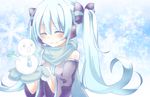  aqua_hair closed_eyes detached_sleeves hatsune_miku headphones highres long_hair mikoko_(mg2) mittens necktie scarf smile snowman solo spring_onion twintails vocaloid 