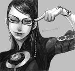  acha bayonetta bayonetta_(character) drawr earrings glasses gloves greyscale jewelry mole mole_under_mouth monochrome one_eye_closed pointing smile solo translation_request 
