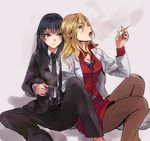  black_hair blonde_hair blush breasts brown_legwear cigarette cleavage coffee dress_shirt formal green_eyes karanomori_shion kunizuka_yayoi labcoat long_hair medium_breasts mochako_(motyako) multiple_girls necktie pantyhose psycho-pass shirt sitting suit 