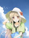  :o bad_id bad_pixiv_id blonde_hair cloud day dress flower hand_on_headwear hat long_hair looking_at_viewer orange_eyes petals sakura-sou_no_pet_na_kanojo shiina_mashiro sketchbook sky solo v-any 