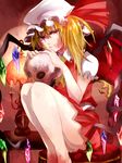  amua ascot bad_id bad_pixiv_id bare_legs blonde_hair blood blood_on_face candle chair crying feet_out_of_frame flandre_scarlet hat hat_ribbon highres knees_up legs ribbon short_hair side_ponytail sitting skirt skirt_set skull solo tears touhou wings 