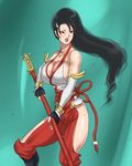  black_hair breasts cleavage highres huge_breasts lips long_hair momiji_(ninja_gaiden) naginata ninja_gaiden ninja_gaiden:_dragon_sword papermania polearm ponytail sideboob sweat weapon 