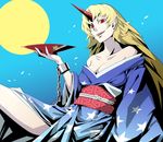  1girl blonde_hair breasts female horn hoshiguma_yuugi large_breasts long_hair mazeran off_shoulder pointy_ears red_eyes solo touhou 