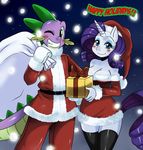  animal_ears anthro anthrofied blue_eyes blush breasts christmas cleavage clothed clothing couple dragon duo equine eyeshadow female friendship_is_magic fur gift green_eyes hair hi_res holidays horn horse makeup male mammal my_little_pony one_eye_closed pony purple_hair rarity_(mlp) sack smile snow spike_(mlp) sssonic2 text unicorn white_fur wink 