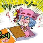  animal_ears bat_ears bat_wings blue_hair blush chibi commentary dress minigirl noai_nioshi remilia_scarlet ribbon saliva solo touhou translated wings 