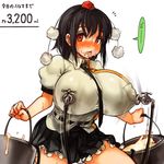  black_hair blush breasts hat holding huge_breasts lactation looking_at_viewer milk necktie open_mouth perky_breasts red_eyes sachito shameimaru_aya solo tokin_hat touhou 