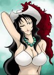  alvida bikini_top black_hair breasts cleavage cowboy_hat green_eyes hat hat_ornament jewelry large_breasts lipstick long_hair makeup momoiro_afuru necklace one_eye_closed one_piece pearl_necklace sideboob solo swimsuit upper_body 