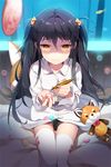  black_hair coin dress_shirt fish gilse holding long_hair lowres pleated_skirt shaded_face shirt sitting skirt smile solo stuffed_animal stuffed_toy sword_girls thighhighs twintails white_legwear yellow_eyes 