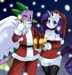  animal_ears anthro anthrofied blue_eyes blush breasts christmas cleavage clothed clothing dragon duo equine eyeshadow female friendship_is_magic fur gift green_eyes hair hi_res holidays horn horse makeup male mammal my_little_pony one_eye_closed pony purple_hair rarity_(mlp) sack smile snow snowing spike_(mlp) sssonic2 unicorn white_fur wink 