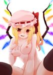  :q black_legwear blonde_hair blush bow breasts chitose_(usacan) flandre_scarlet hat large_breasts looking_at_viewer navel nipples nude red_eyes ribbon short_hair side_ponytail solo teenage thighhighs tongue tongue_out touhou wings 